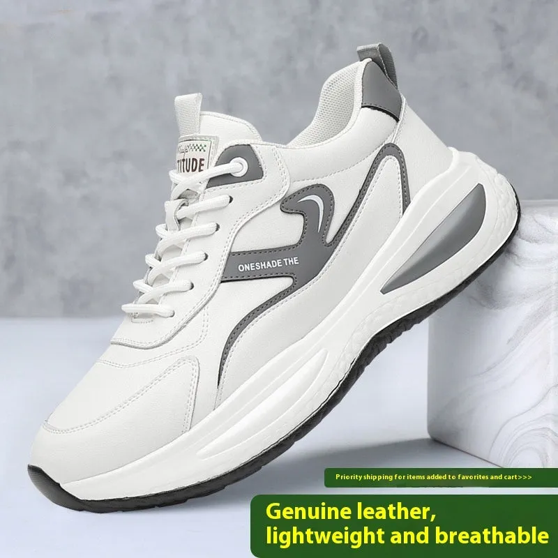 Men's leather casual white shoes low top outdoor mountaineering PVC sole front lace-up round toe solid colour