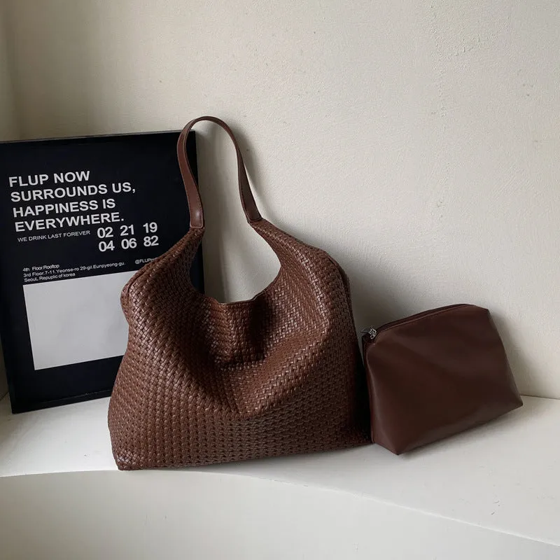 Retro women's woven PU tote bag, medium hard, square vertical shape, 38x42x13cm, olive green colour
