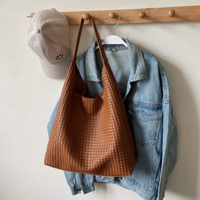 Retro women's woven PU tote bag, medium hard, square vertical shape, 38x42x13cm, olive green colour
