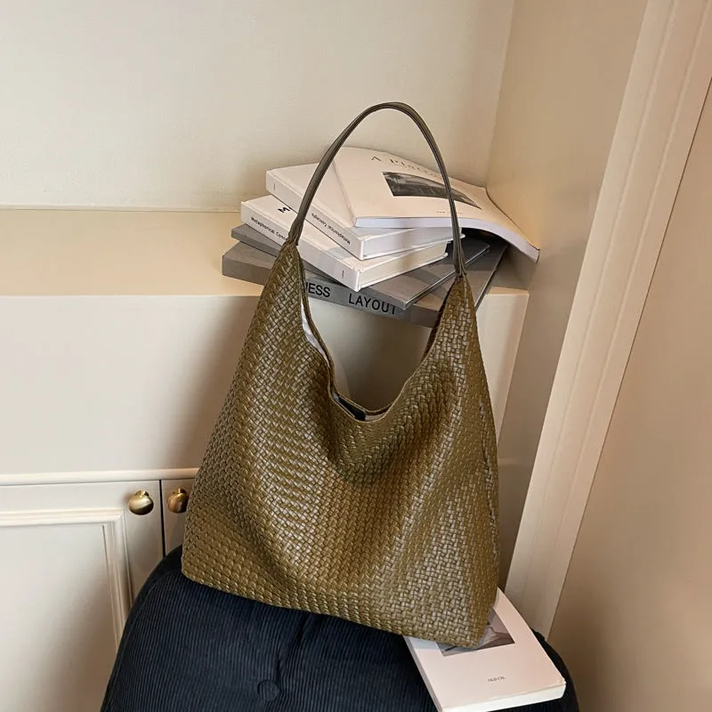 Retro women's woven PU tote bag, medium hard, square vertical shape, 38x42x13cm, olive green colour