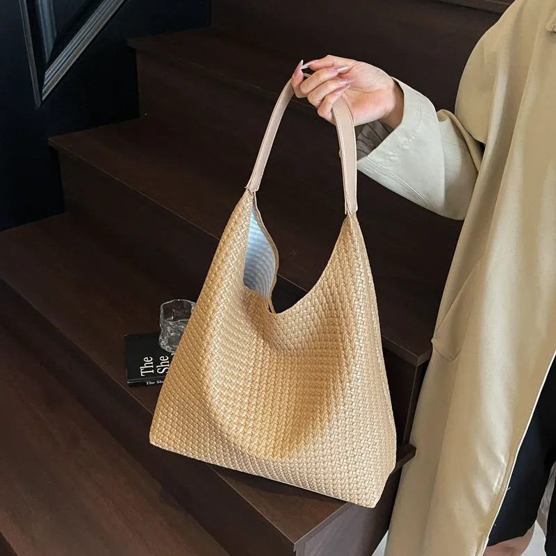 Retro women's woven PU tote bag, medium hard, square vertical shape, 38x42x13cm, olive green colour