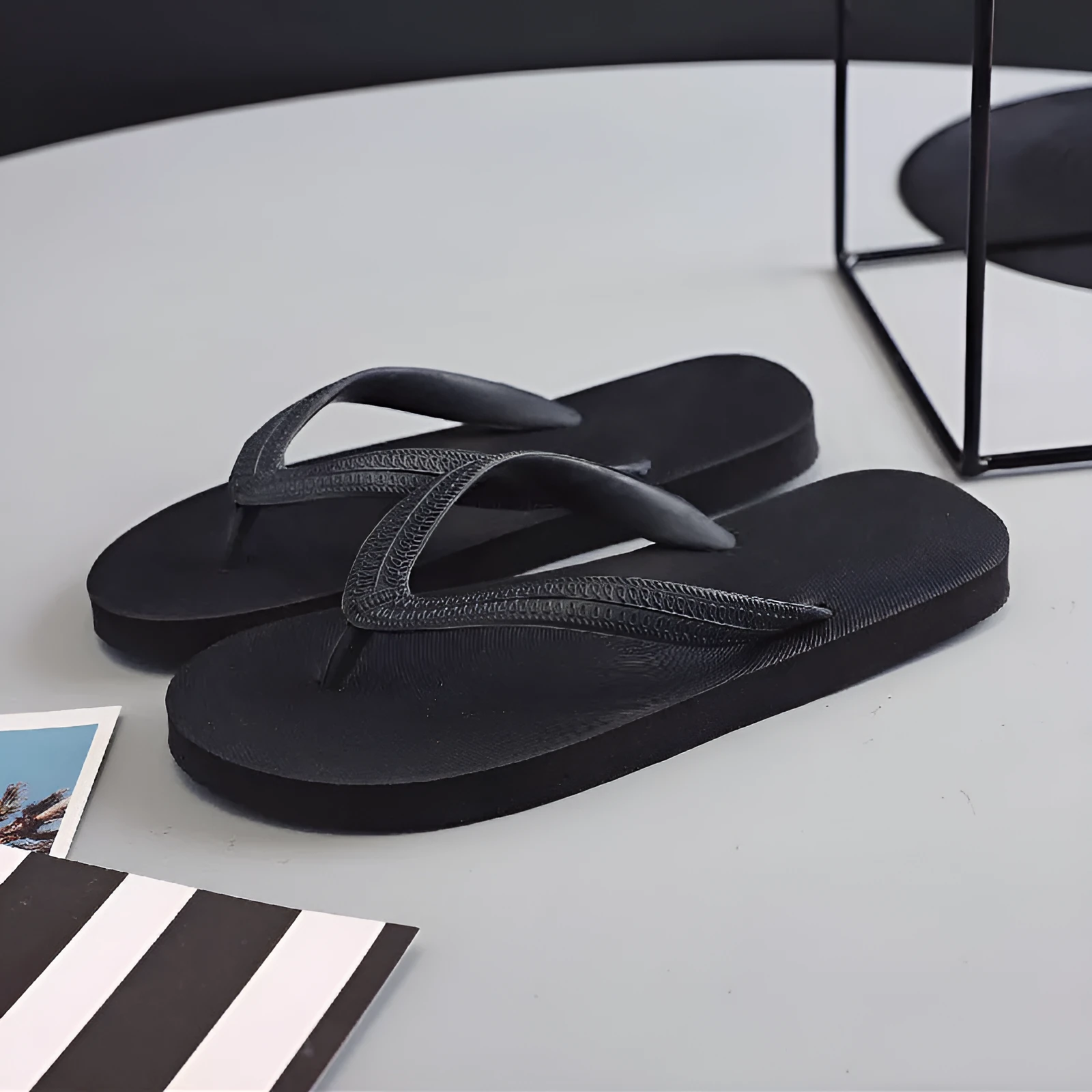 Fish label flip-flops with non-slip rubber sole in green, red, blue, or black colours