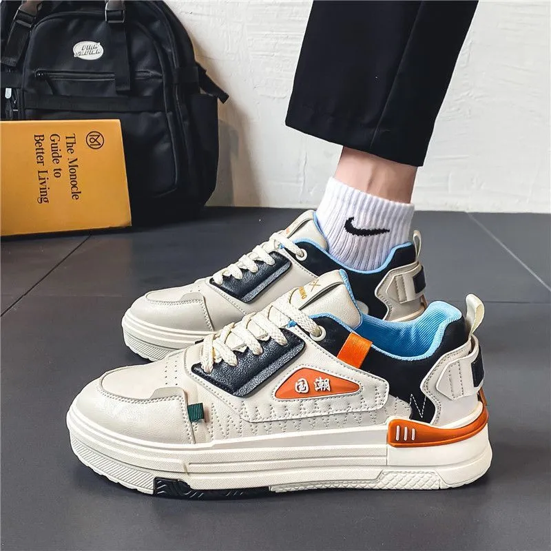 Beige black and beige red low-top white sports sneakers with round toe and lace-up closure