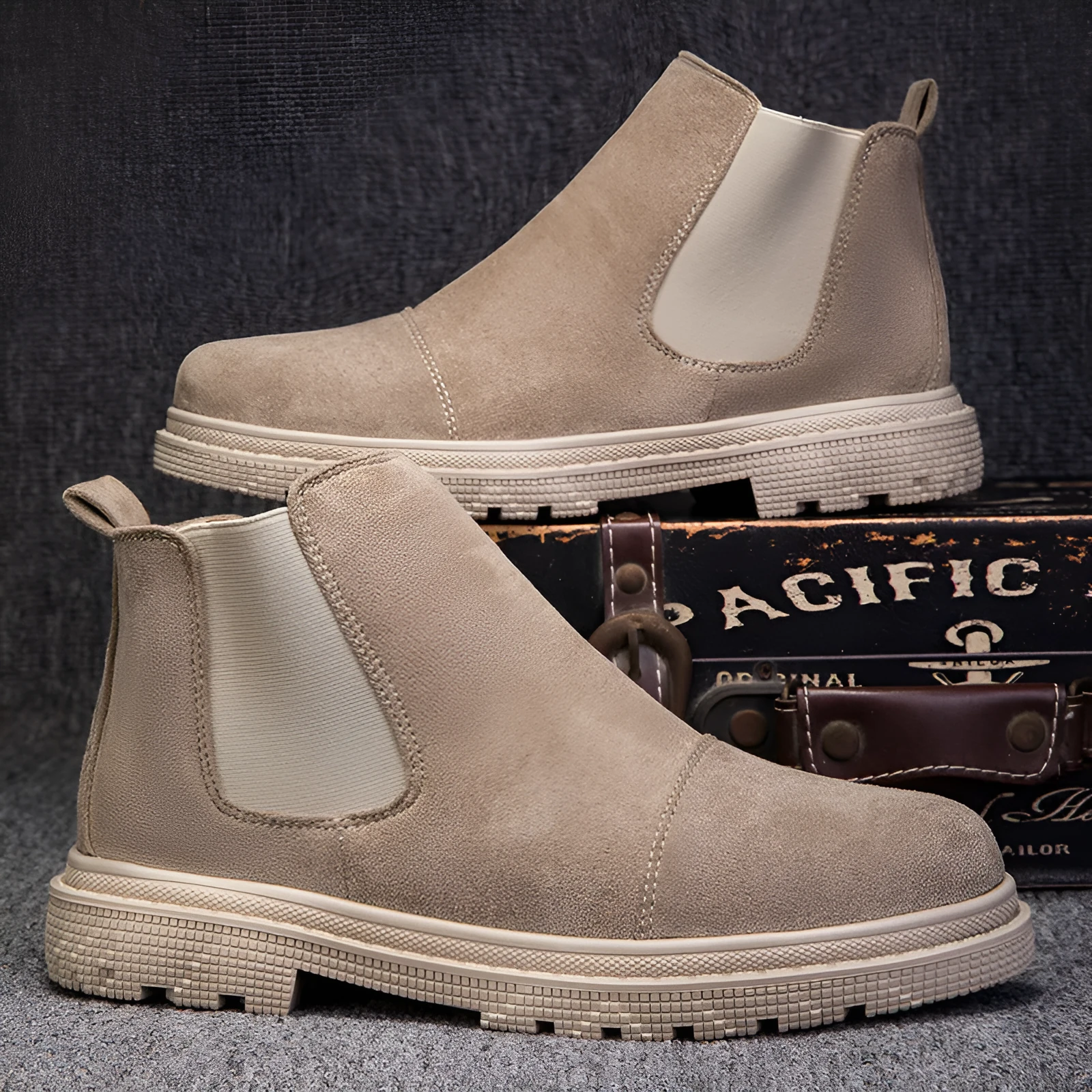 Gao Banglun men's slip-on retro boots in khaki with round toe and lace-up front