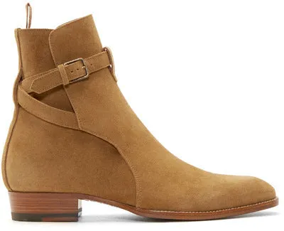 Men's pointed-toe leather martin boots with buckle fastening and leather stitching, brown matte finish