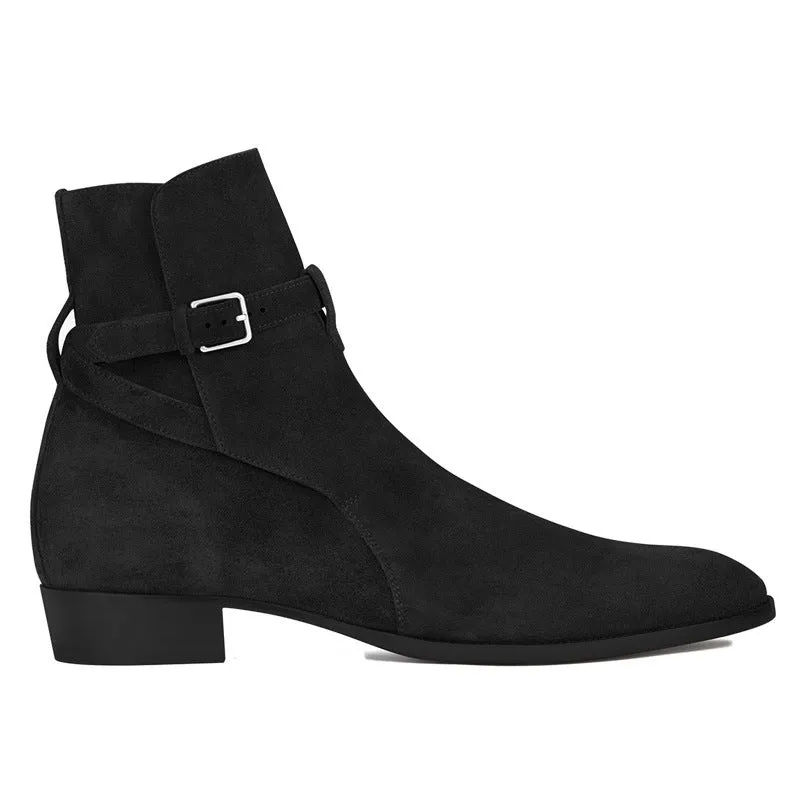 Men's pointed-toe leather martin boots with buckle fastening and leather stitching, brown matte finish