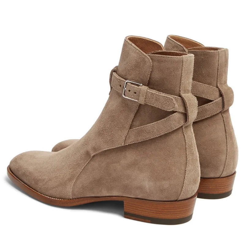 Men's pointed-toe leather martin boots with buckle fastening and leather stitching, brown matte finish