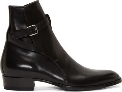 Men's pointed-toe leather martin boots with buckle fastening and leather stitching, brown matte finish
