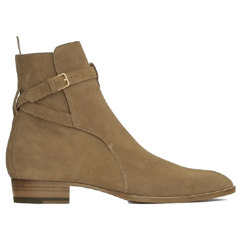 Men's pointed-toe leather martin boots with buckle fastening and leather stitching, brown matte finish