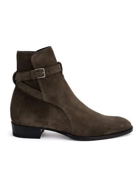 Men's pointed-toe leather martin boots with buckle fastening and leather stitching, brown matte finish