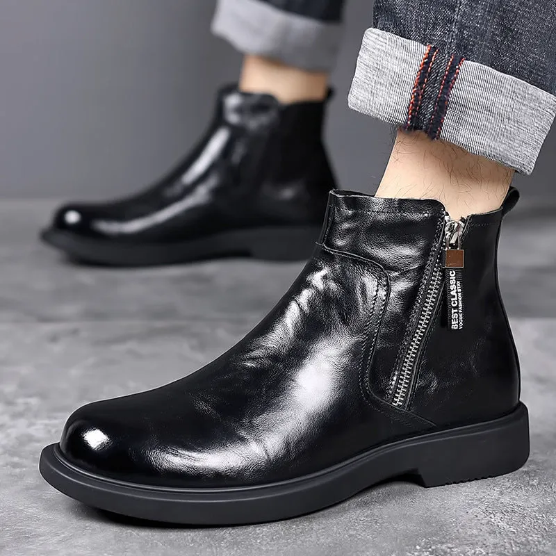 Men's genuine leather Chelsea boots in brown, non-slip rubber sole, round toe, side zipper
