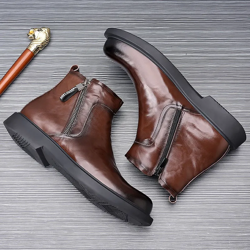 Men's genuine leather Chelsea boots in brown, non-slip rubber sole, round toe, side zipper