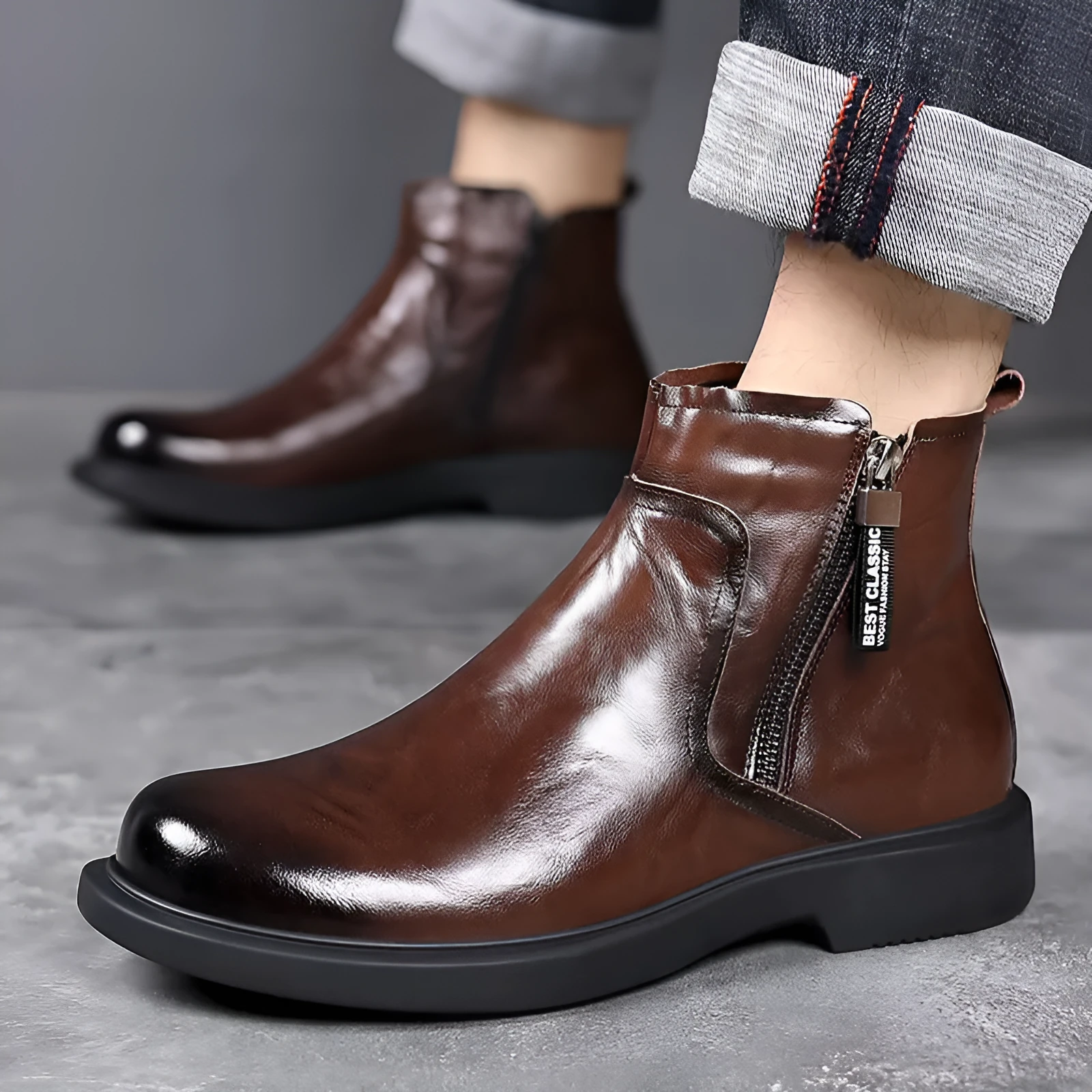 Men's genuine leather Chelsea boots in brown, non-slip rubber sole, round toe, side zipper