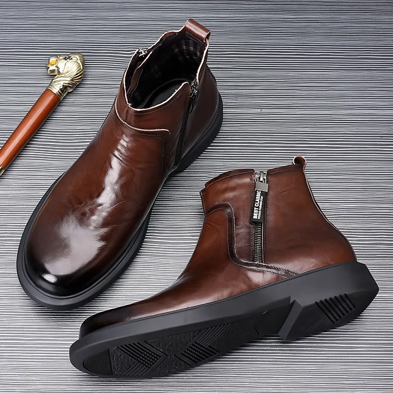 Men's genuine leather Chelsea boots in brown, non-slip rubber sole, round toe, side zipper
