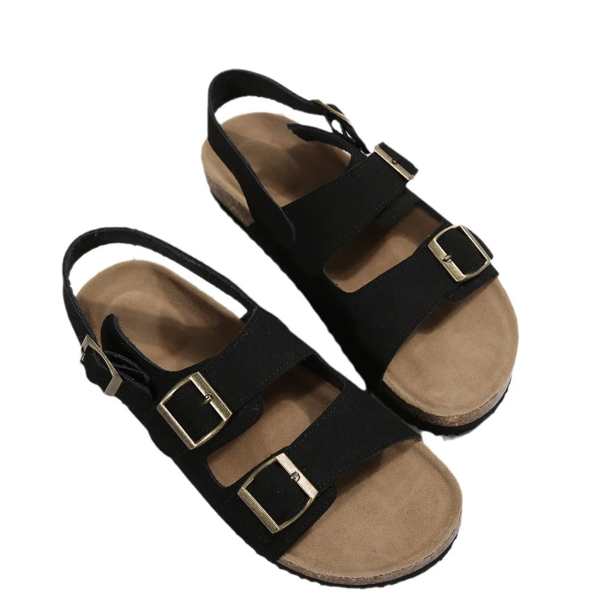 Women's cork beach sandals in beige with open toe and ankle buckle