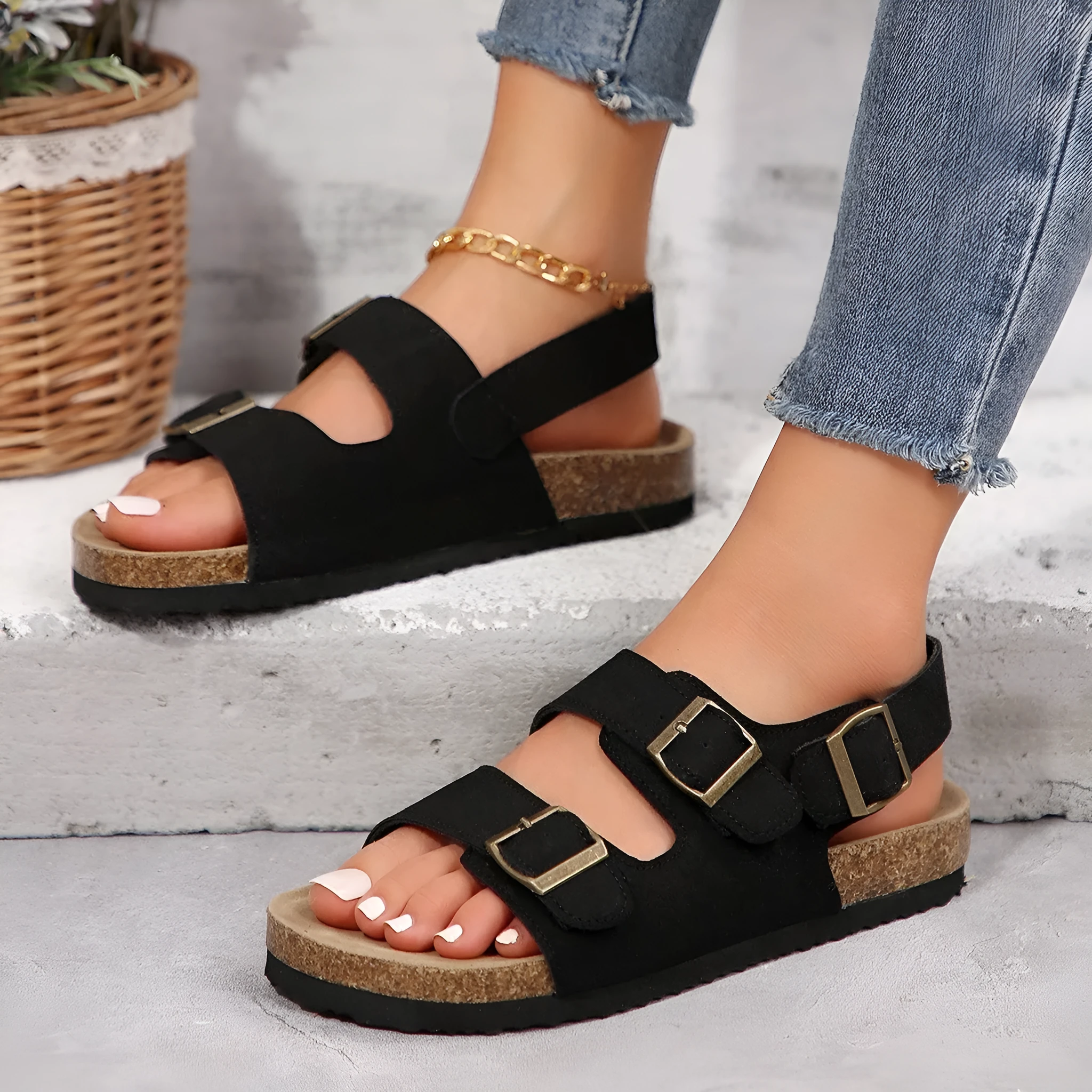 Women's cork beach sandals in beige with open toe and ankle buckle