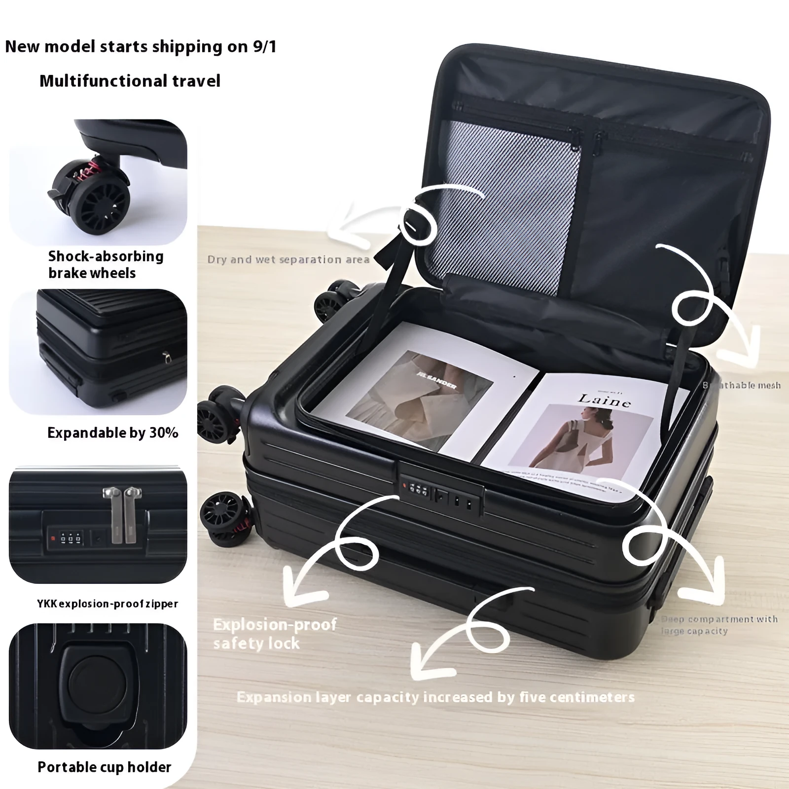 Three-piece PC expandable suitcase set with YKK zippers in colours including night black and army green