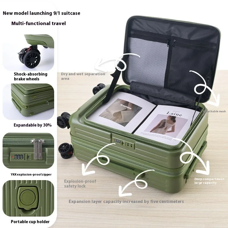 Three-piece PC expandable suitcase set with YKK zippers in colours including night black and army green