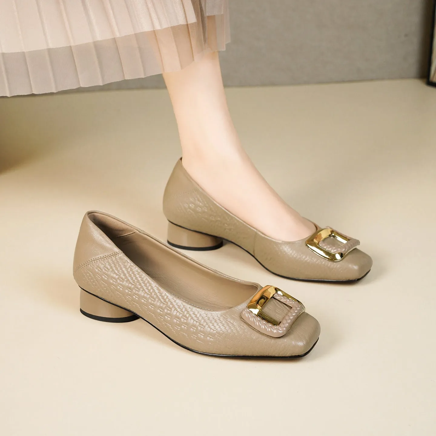 Sheepskin women's mid-heel shoes – square toe, buckle detail, low heel, black colour on display