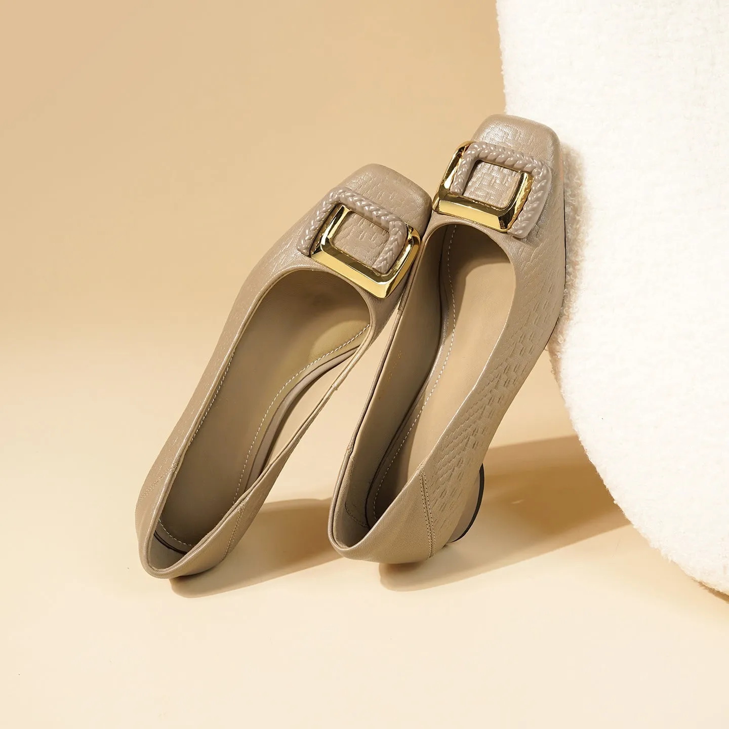 Sheepskin women's mid-heel shoes – square toe, buckle detail, low heel, black colour on display