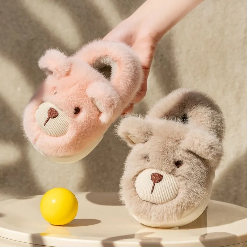 Children's plush slippers with heel wrap, animal pattern, beige colour, plastic sole