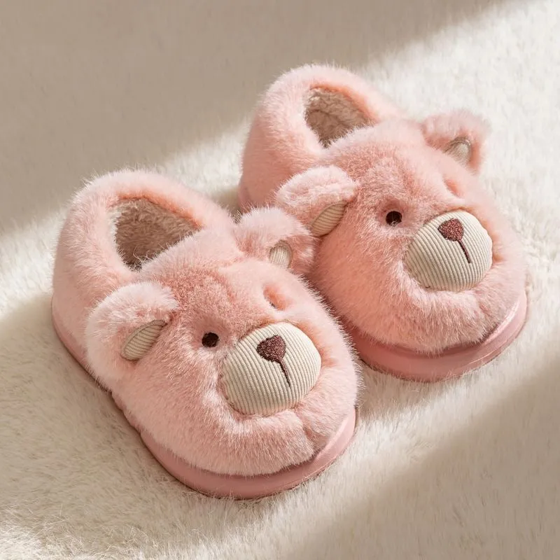 Children's plush slippers with heel wrap, animal pattern, beige colour, plastic sole
