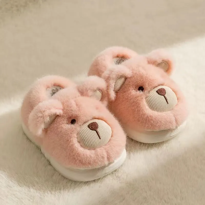 Children's plush slippers with heel wrap, animal pattern, beige colour, plastic sole