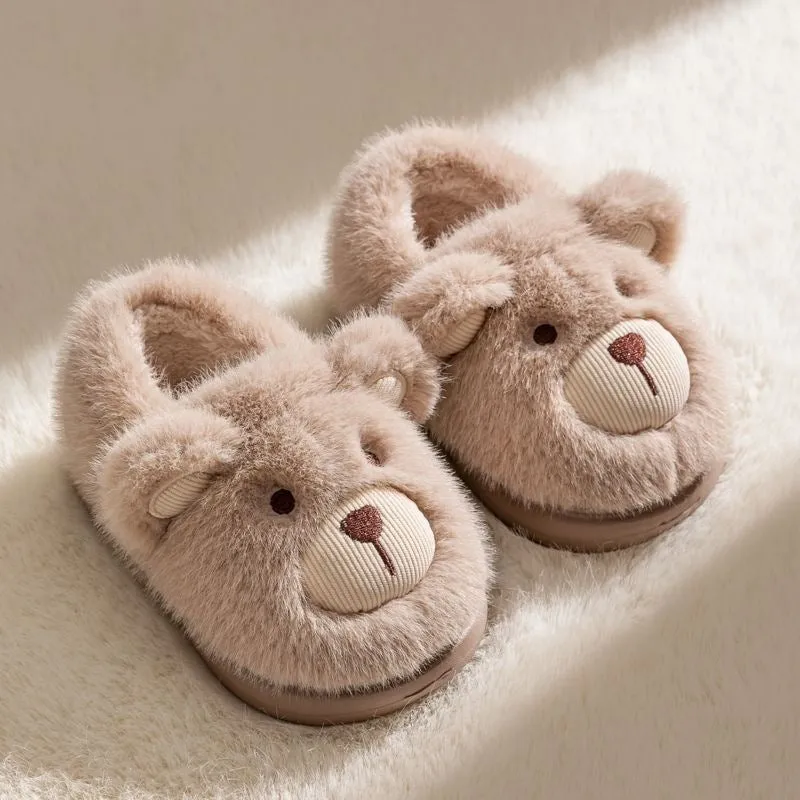 Children's plush slippers with heel wrap, animal pattern, beige colour, plastic sole