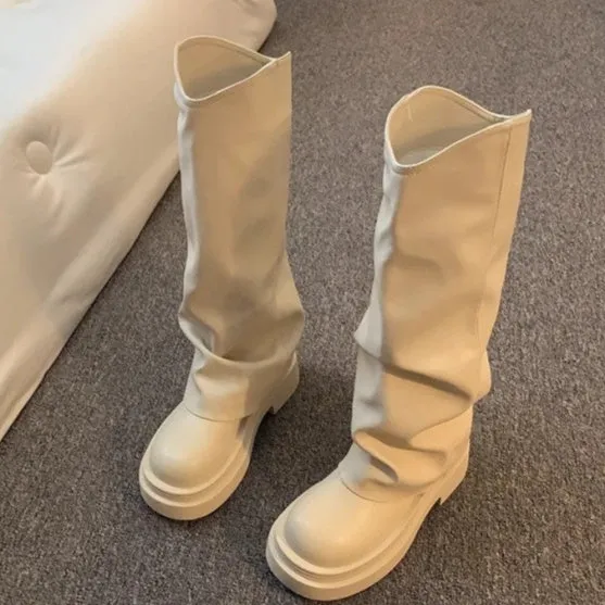 Women's autumn round toe high cylinder platform boots in beige, brown, and black, PU upper and rubber sole