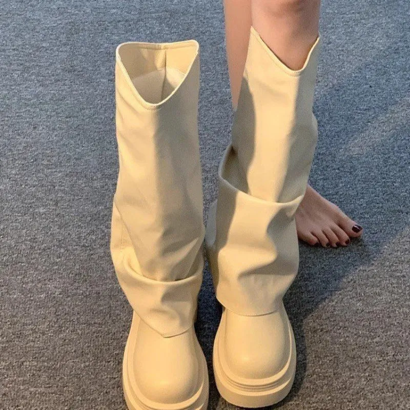 Women's autumn round toe high cylinder platform boots in beige, brown, and black, PU upper and rubber sole