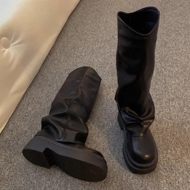 Women's autumn round toe high cylinder platform boots in beige, brown, and black, PU upper and rubber sole