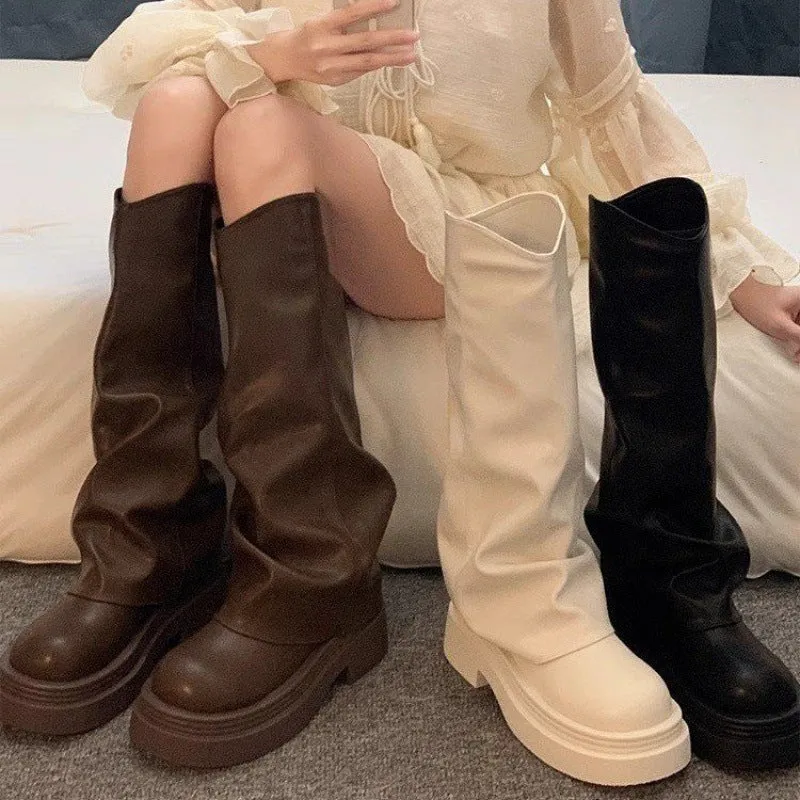 Women's autumn round toe high cylinder platform boots in beige, brown, and black, PU upper and rubber sole