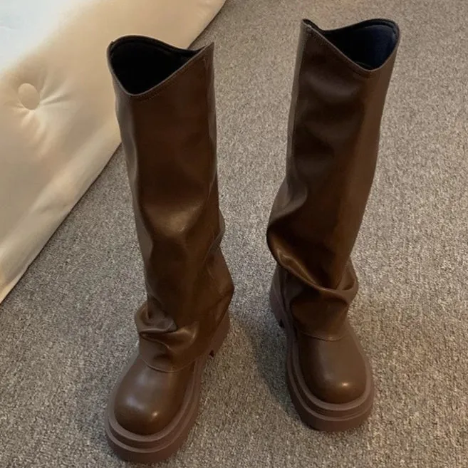 Women's autumn round toe high cylinder platform boots in beige, brown, and black, PU upper and rubber sole
