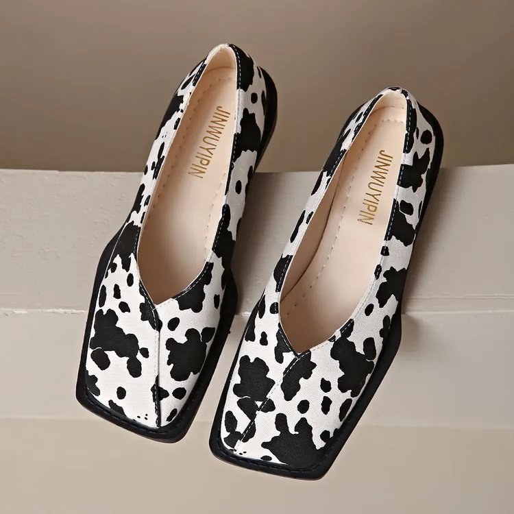 Women's cow pattern flat shoes with wedge heel in black and white, first layer cowhide upper