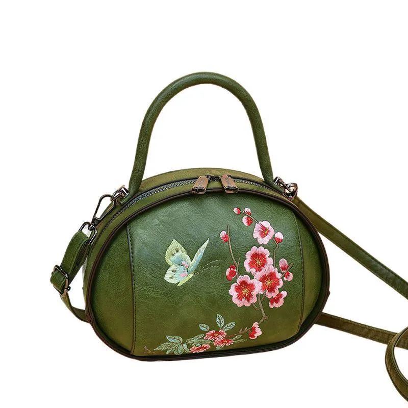 Chinese style embroidered handbag in green with ethnic pattern, PU material, shoulder bag for women