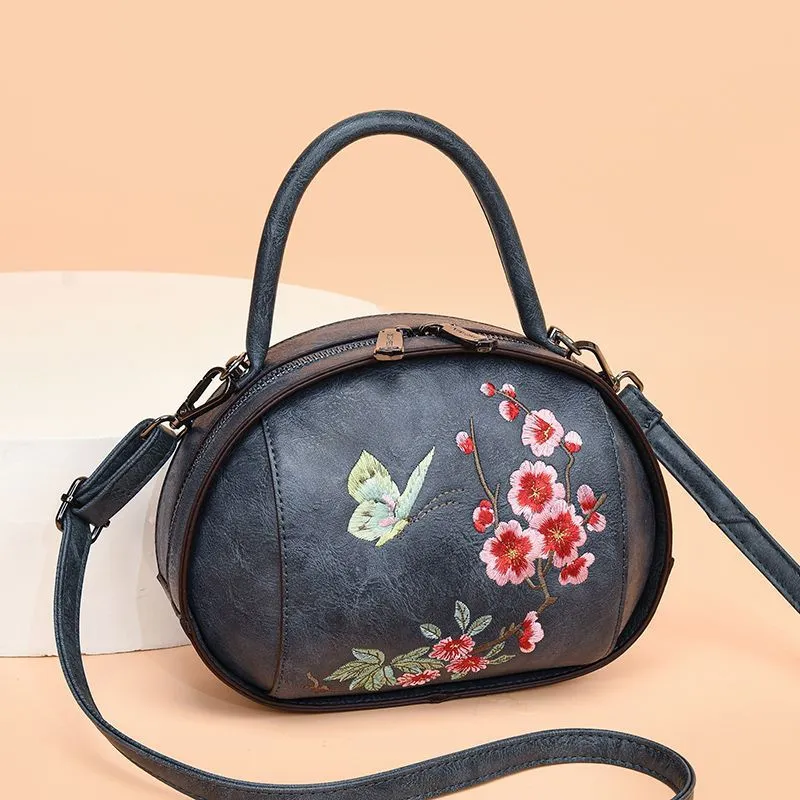 Chinese style embroidered handbag in green with ethnic pattern, PU material, shoulder bag for women