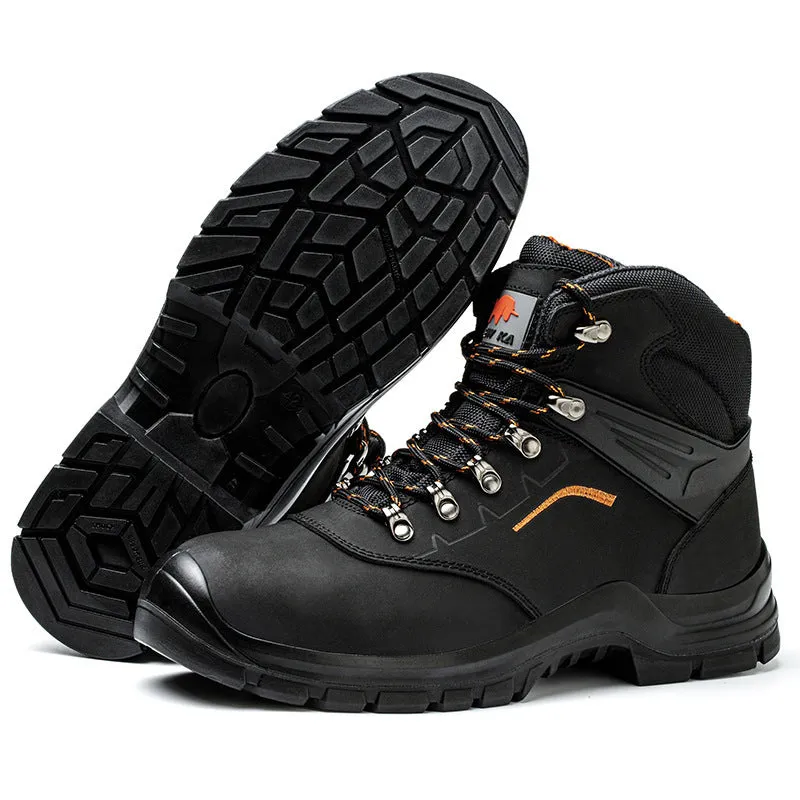 Pair of thick wear-resistant non-slip breathable lightweight steel toe shoes in black cowhide high-top style