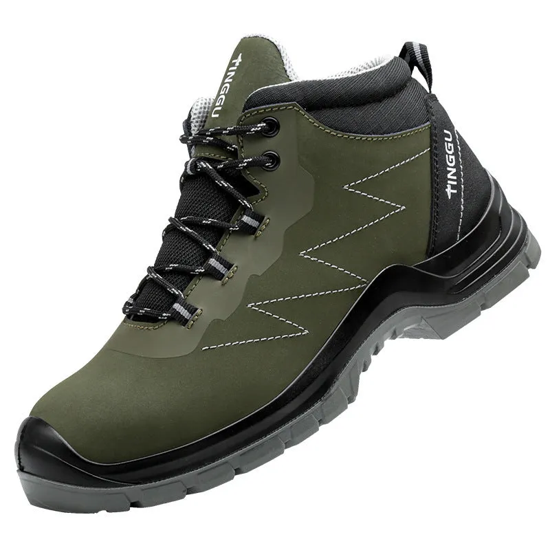 Pair of thick wear-resistant non-slip breathable lightweight steel toe shoes in black cowhide high-top style