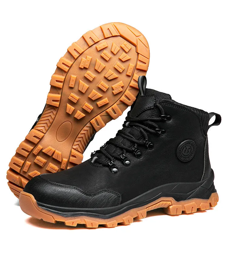 Pair of thick wear-resistant non-slip breathable lightweight steel toe shoes in black cowhide high-top style