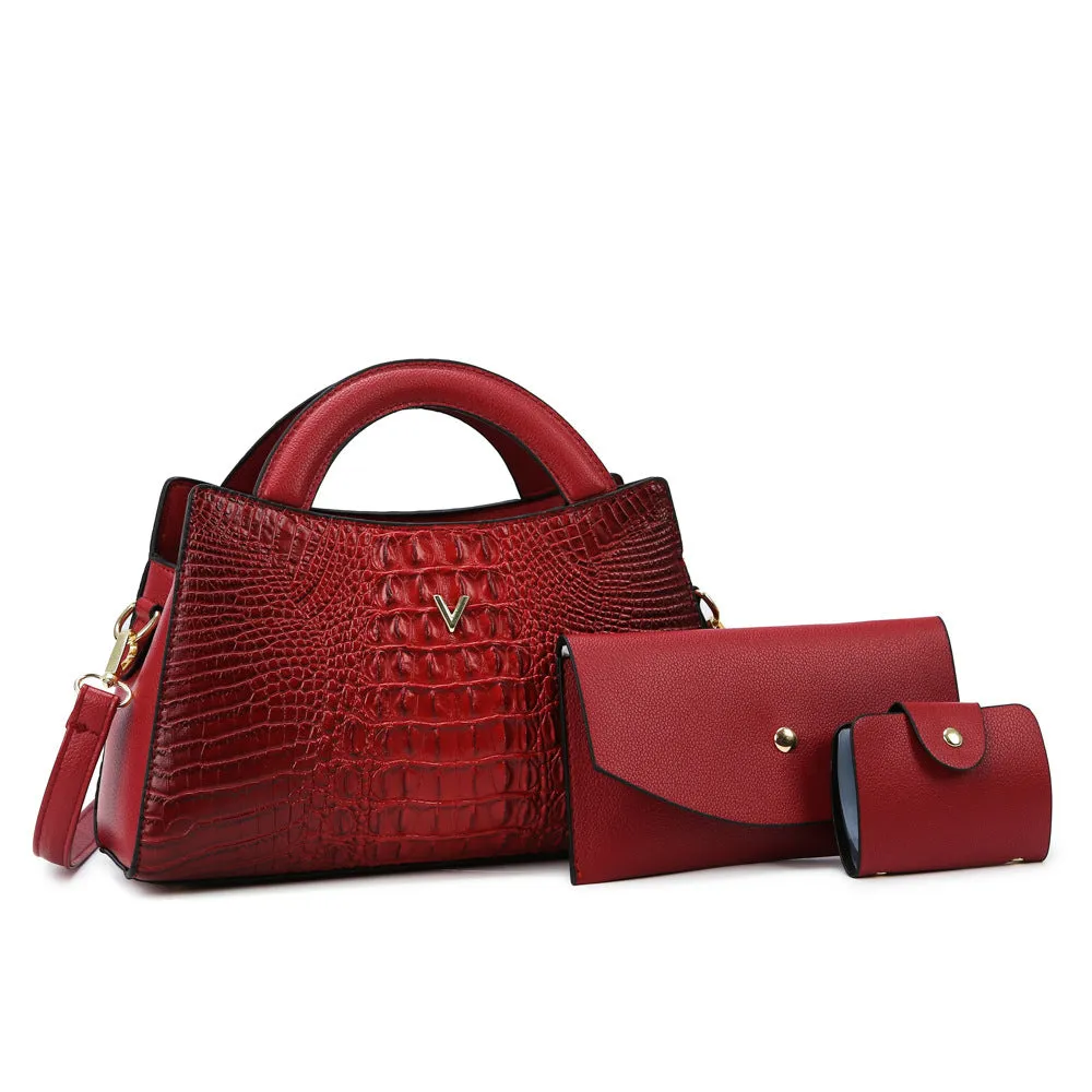 Women's black crocodile pattern crossbody bag with adjustable strap and front sandwich pocket.