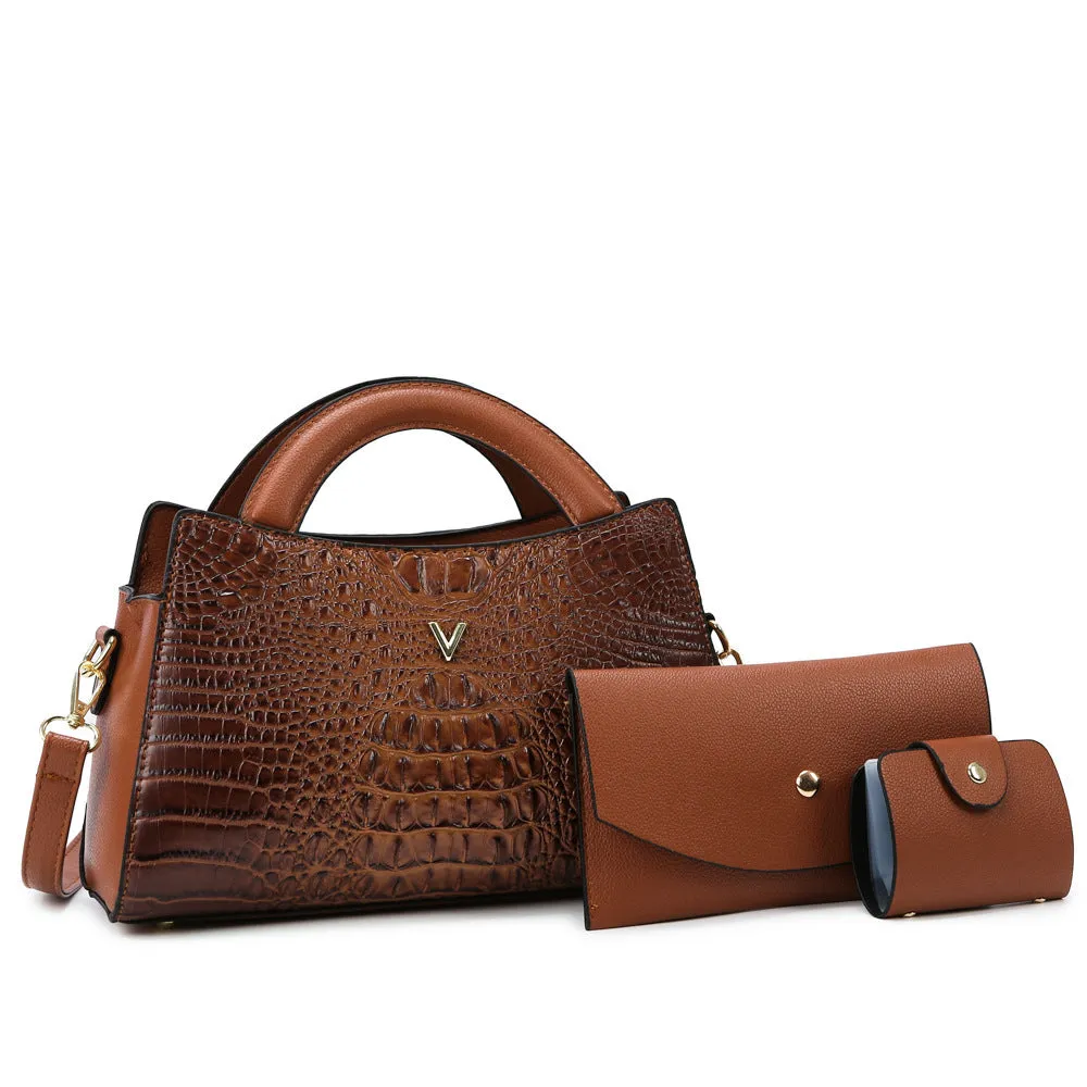 Women's black crocodile pattern crossbody bag with adjustable strap and front sandwich pocket.