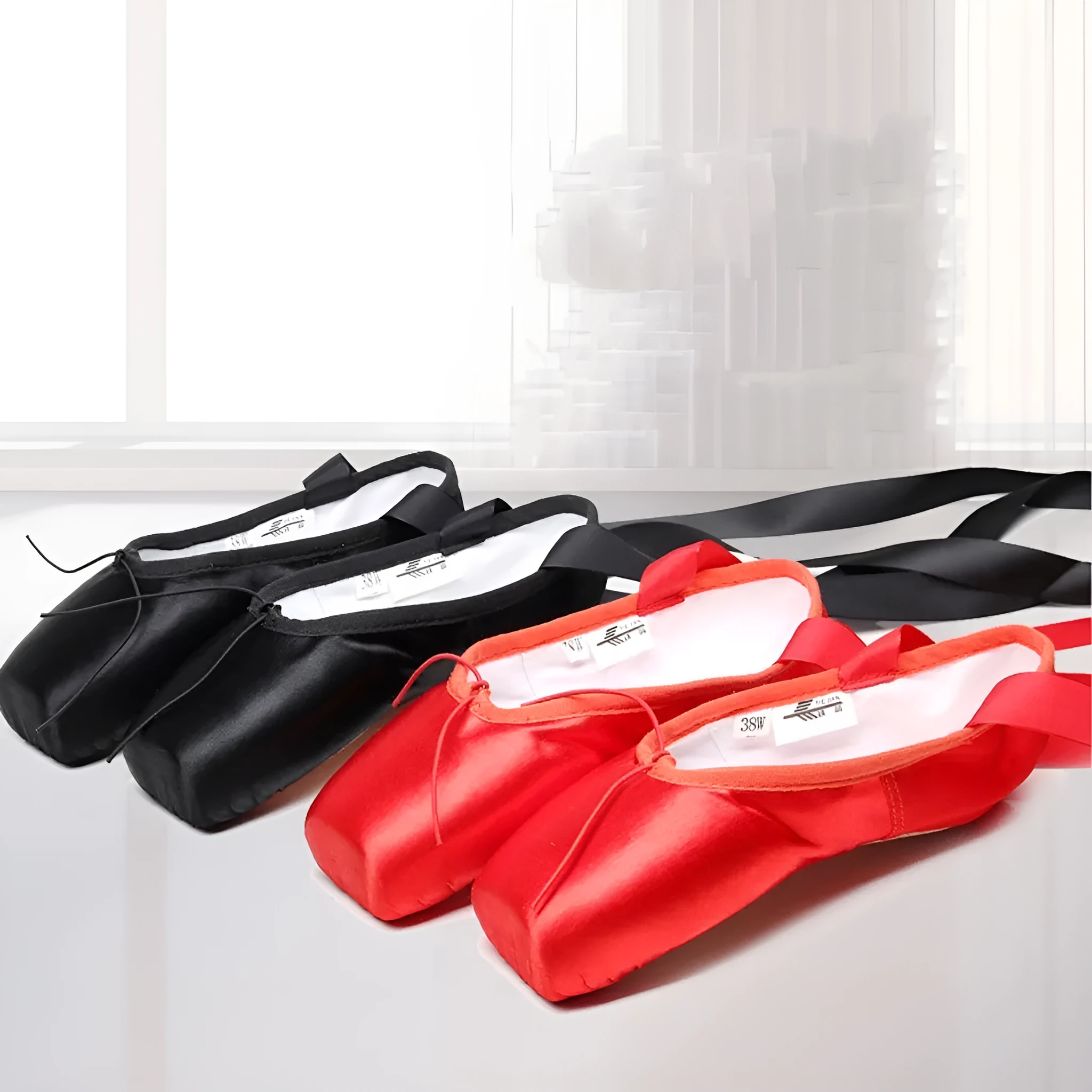 Solid colour hard bottom strap ballet shoes with silk upper, available in multiple colours and sizes 31-45