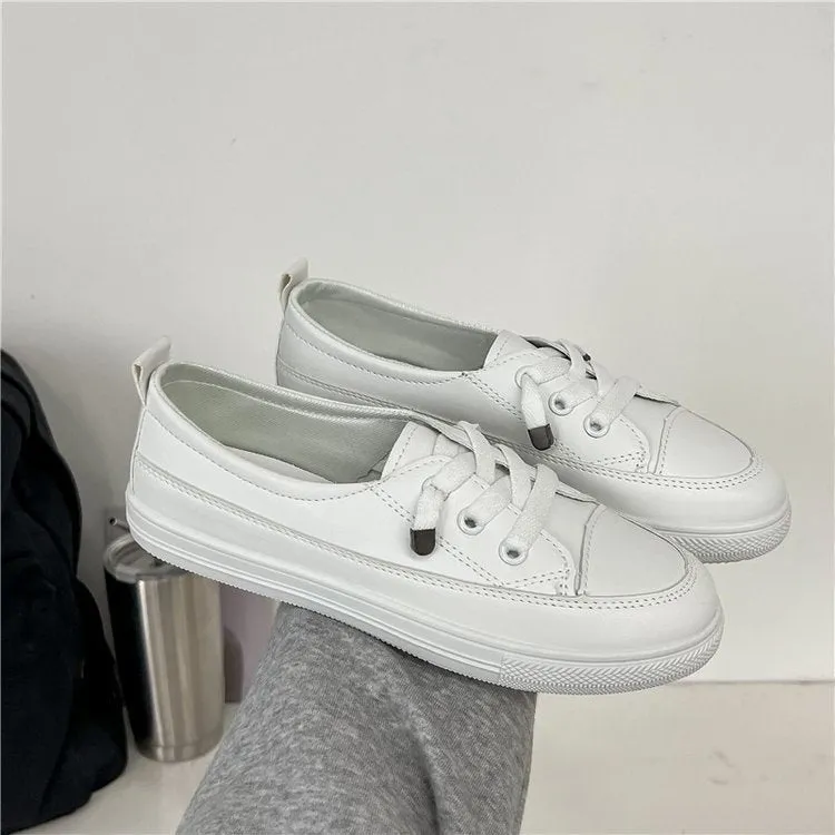 White women's sports breathable shoes with flat heel and round toe, front lace-up, artificial PU patent leather upper, rubber sole