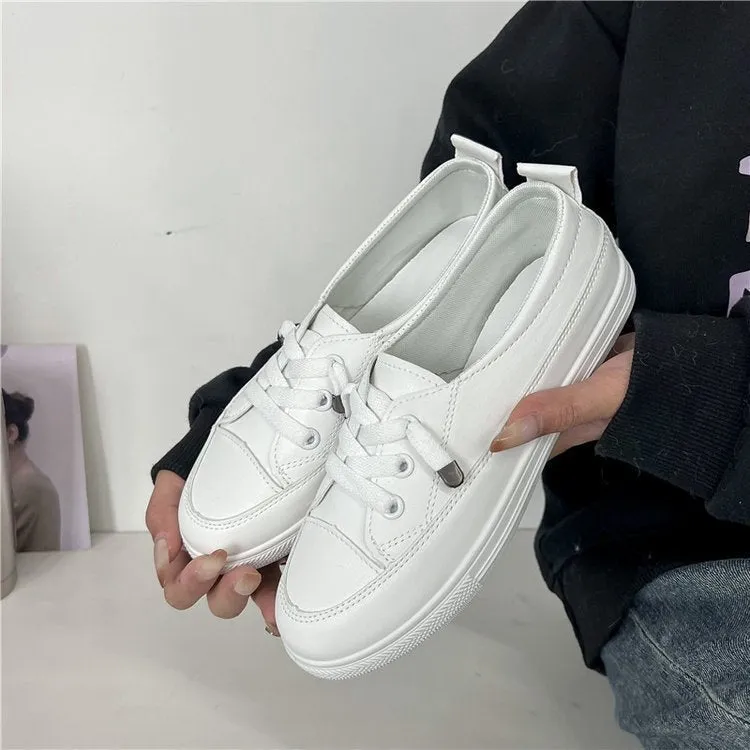 White women's sports breathable shoes with flat heel and round toe, front lace-up, artificial PU patent leather upper, rubber sole
