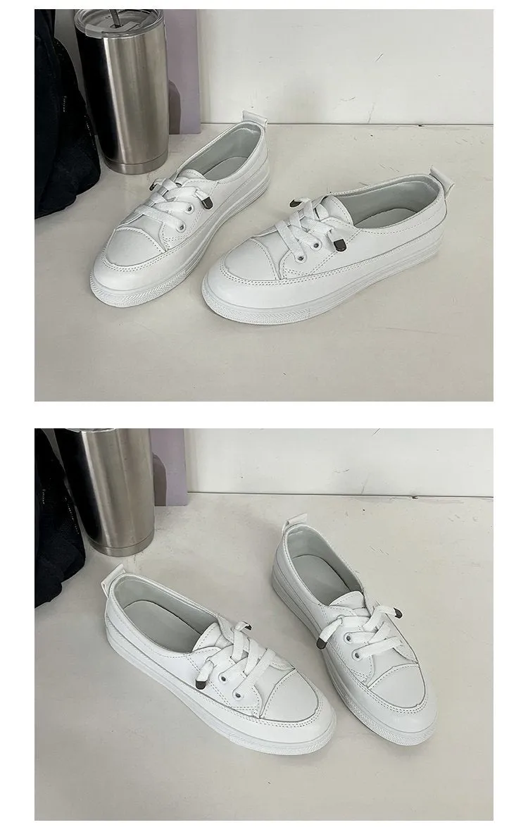 White women's sports breathable shoes with flat heel and round toe, front lace-up, artificial PU patent leather upper, rubber sole