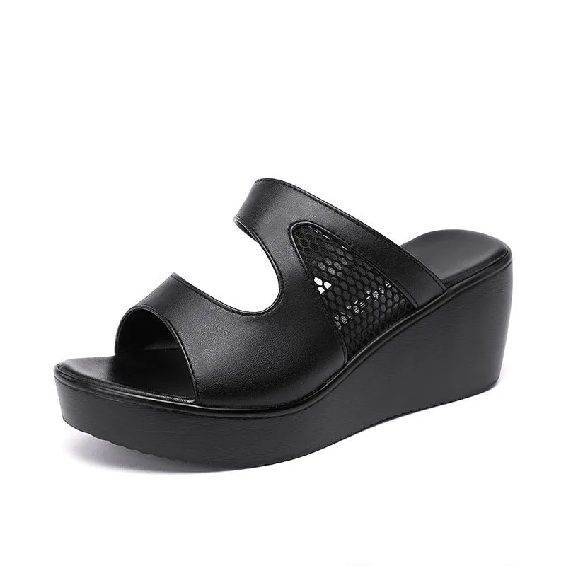 Black thick bottom platform mesh wedge sandals with 6cm heel and waterproof waxing leather upper