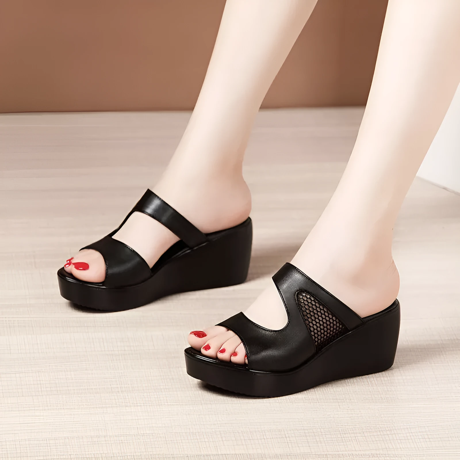 Black thick bottom platform mesh wedge sandals with 6cm heel and waterproof waxing leather upper