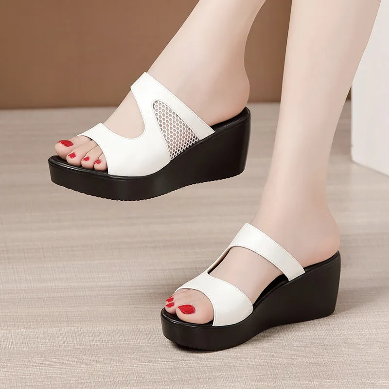 Black thick bottom platform mesh wedge sandals with 6cm heel and waterproof waxing leather upper