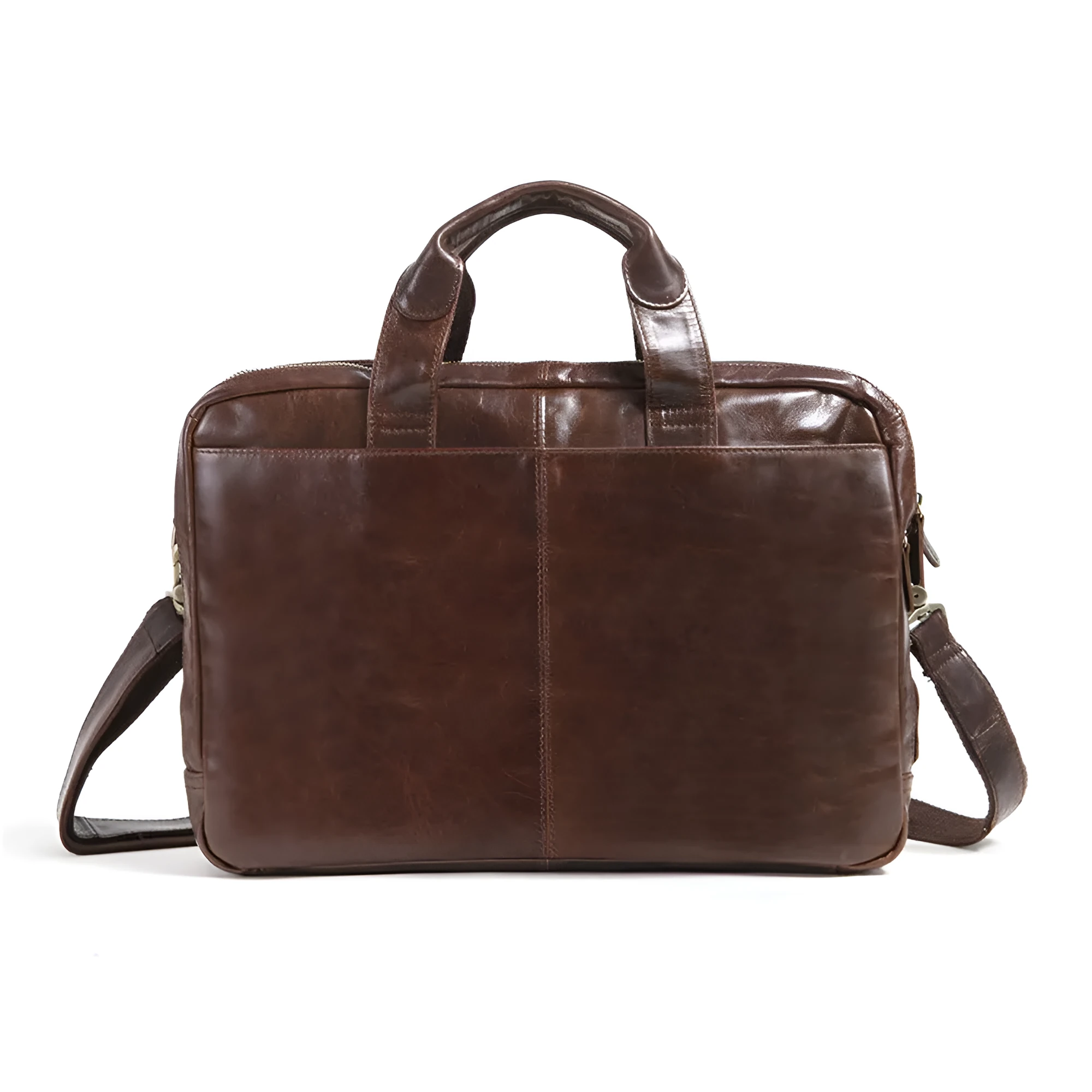 Brown men's first layer cowhide business briefcase 18 inch laptop bag on table