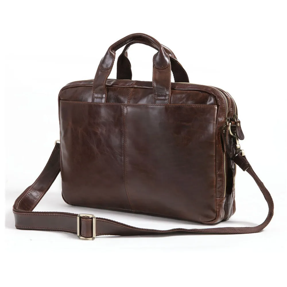 Brown men's first layer cowhide business briefcase 18 inch laptop bag on table
